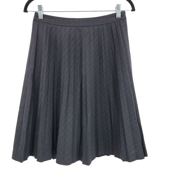 Ann Taylor Loft Pleated Midi Skirt 0 Black Blue Plaid Wool Knee Full Academia - Picture 9 of 9